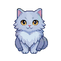 Ash, a gray pixel cat sitting calmly